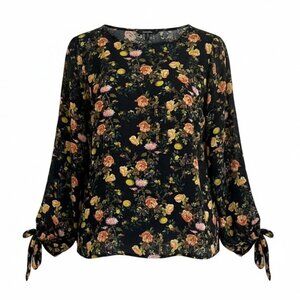 Banana Republic Black Floral Boho Blouse Bow Sleeve Romantic Size Medium